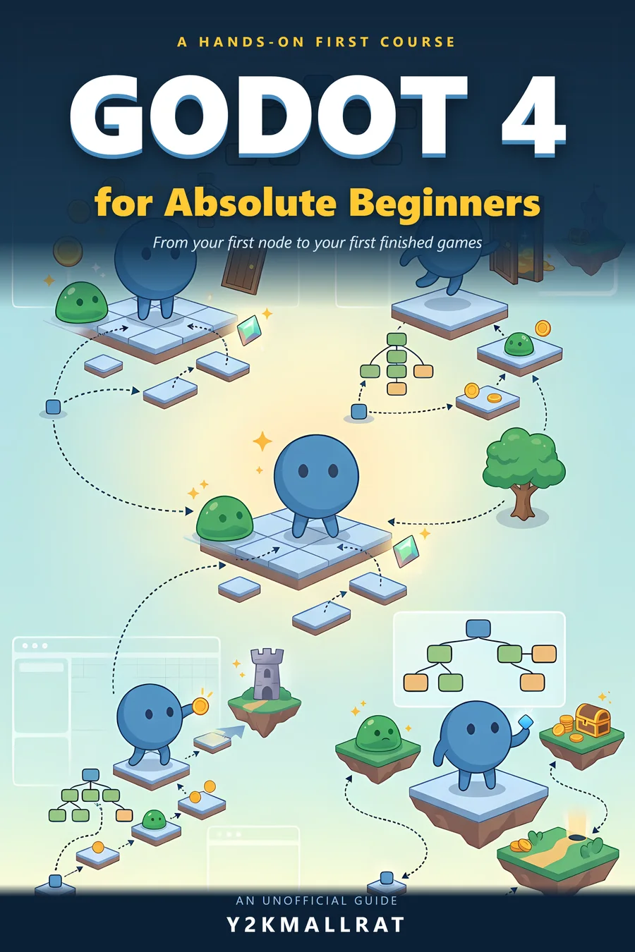 Cover of Godot 4 for Absolute Beginners: floating tile platforms with round blue heroes, green slimes and gold coins.