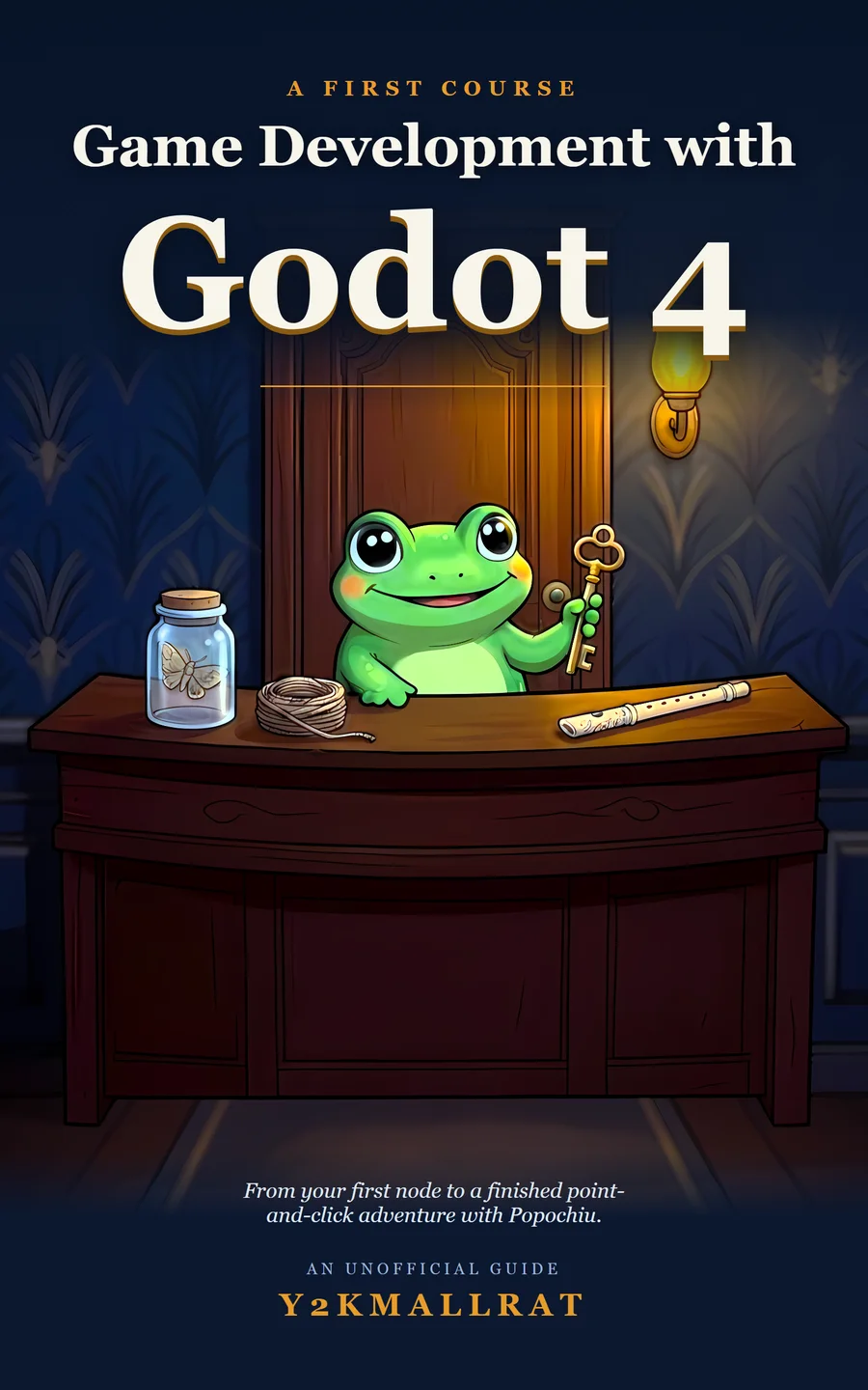 Cover of Game Development with Godot 4: A First Course: a smiling green frog holding a golden key behind a wooden desk.
